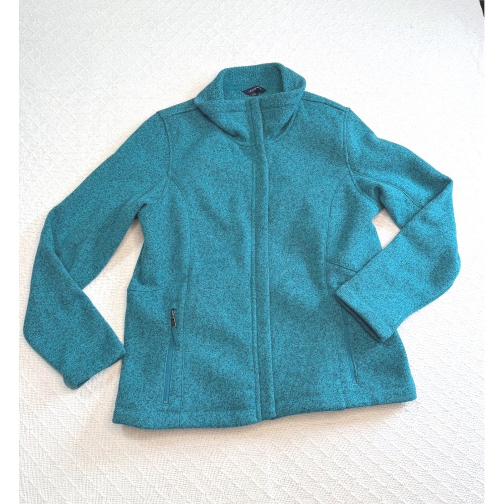 Lands End Womens Teal Heather Sweater Fleece Full Zip Jacket 471195 Size L 14-16